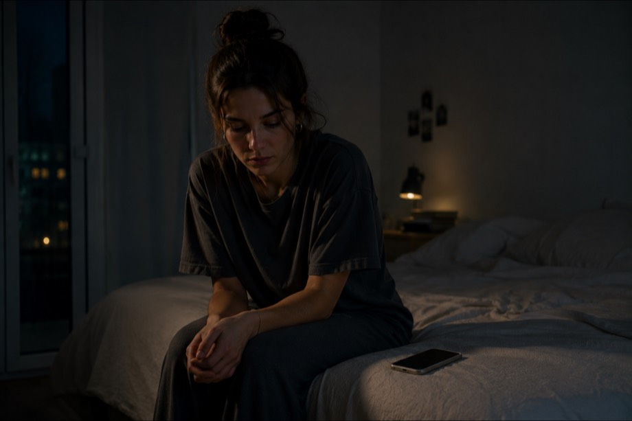 Jeune femme assise au bord d'un lit dans une pièce sombre, regard baissé, téléphone posé à côté d'elle.
