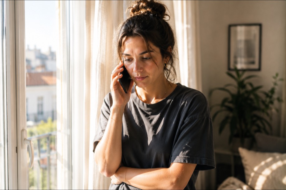 La même personne au téléphone près d'une fenêtre, en pleine lumière.