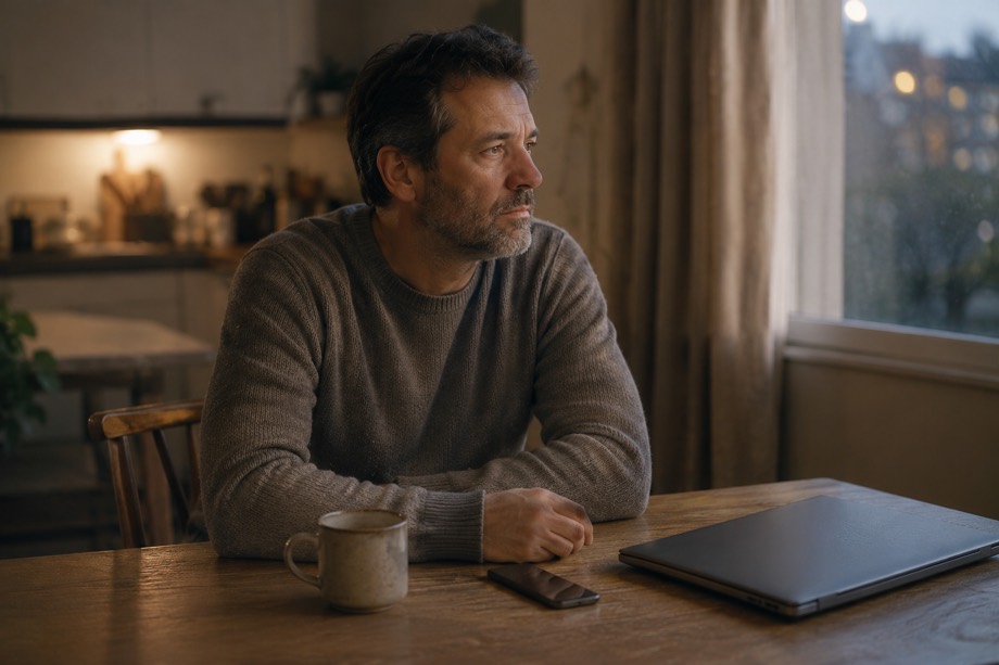 Homme à sa table de cuisine un dimanche soir, l'ordinateur refermé, le regard vers la fenêtre, le téléphone à portée de main.
