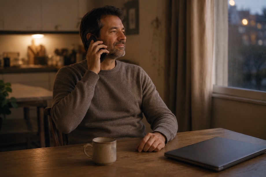 Le même homme au téléphone, les épaules relâchées, le visage apaisé après avoir parlé.